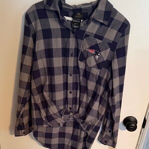 NFL New England Patriots Blue and Gray Plaid Women’s Button-Down Shirt.